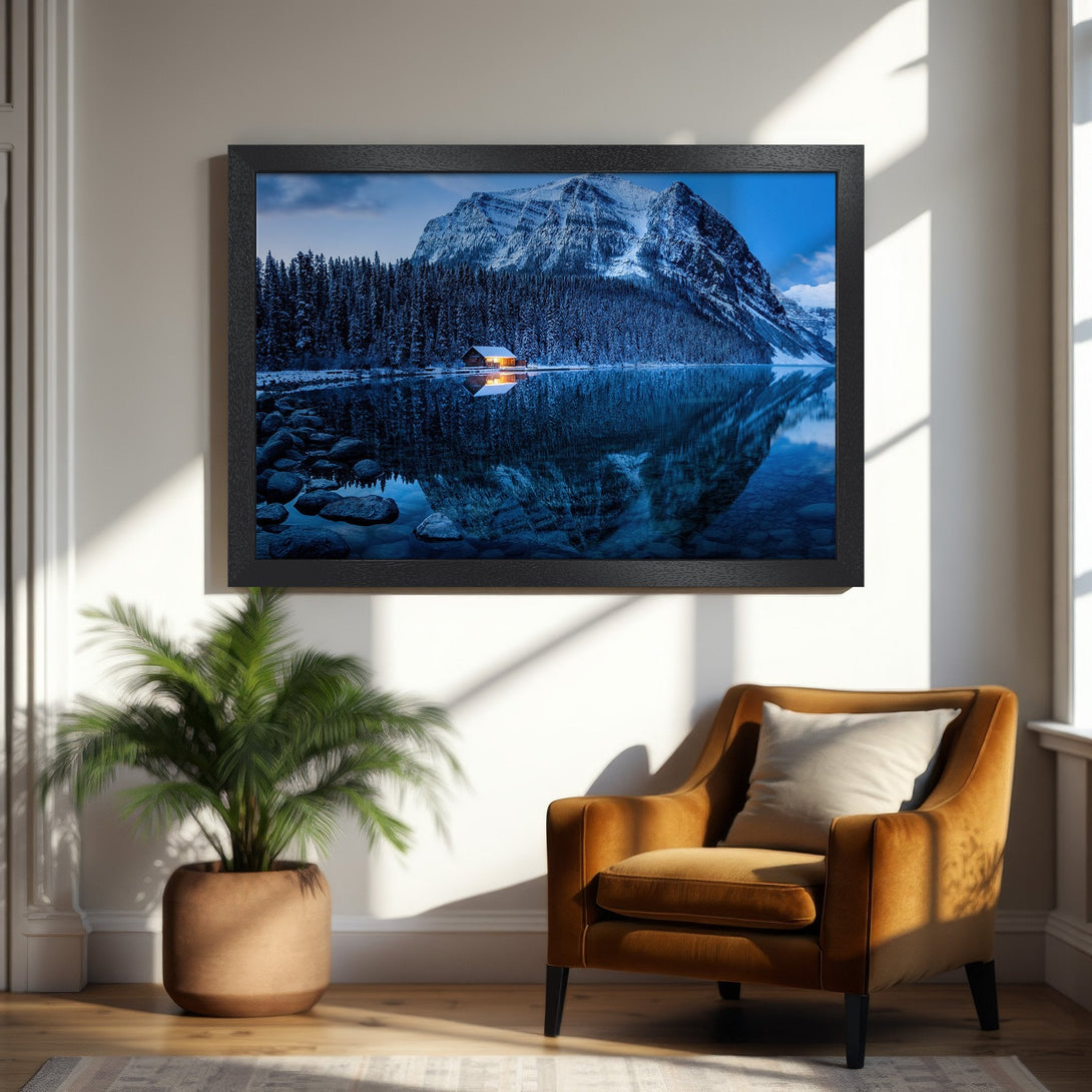 Framed Poster featuring a stunning mountain landscape in blue and white tones, perfect for adding serene style to your home.