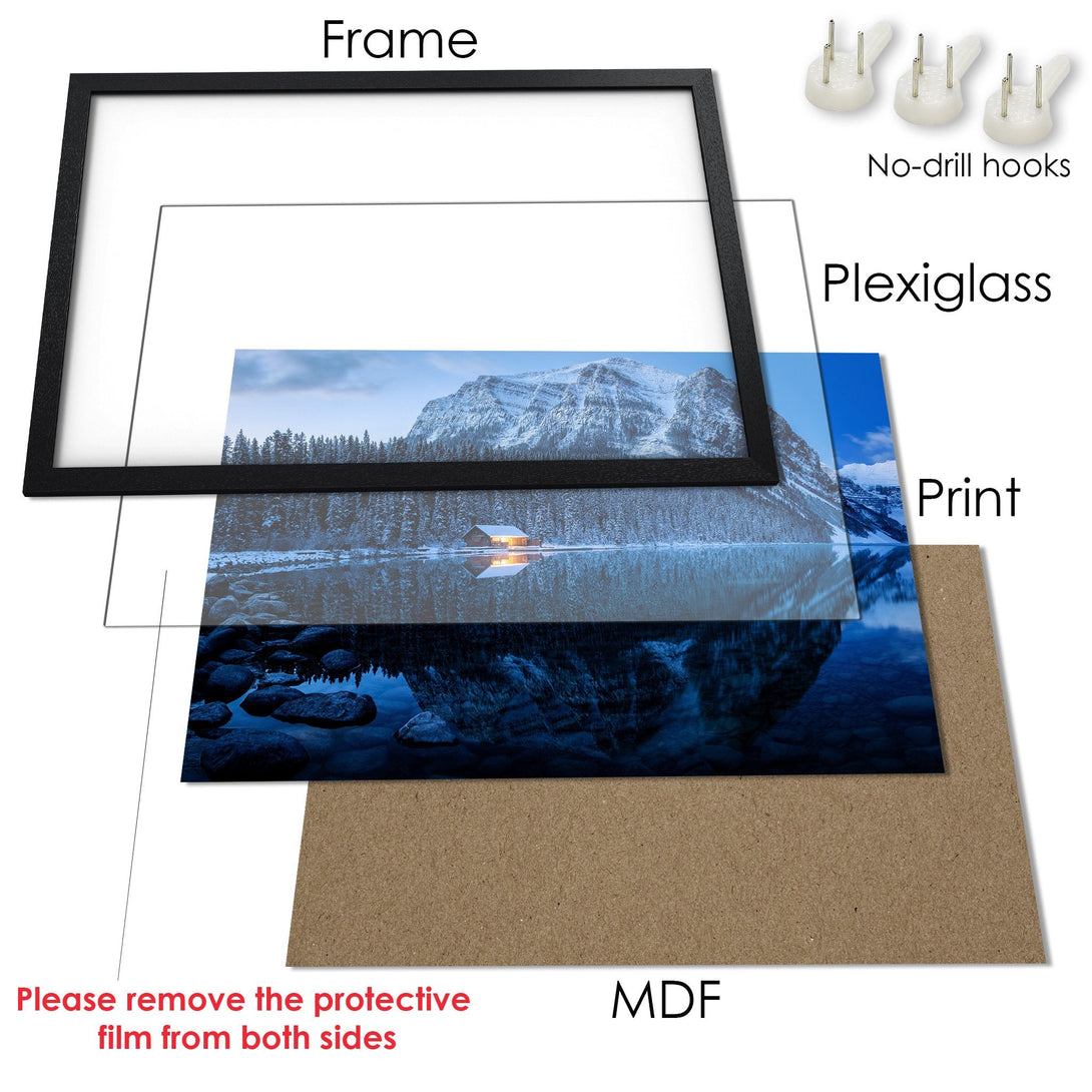 Framed Poster of a serene winter landscape with a blue and white color palette. Perfect wall art for your home!