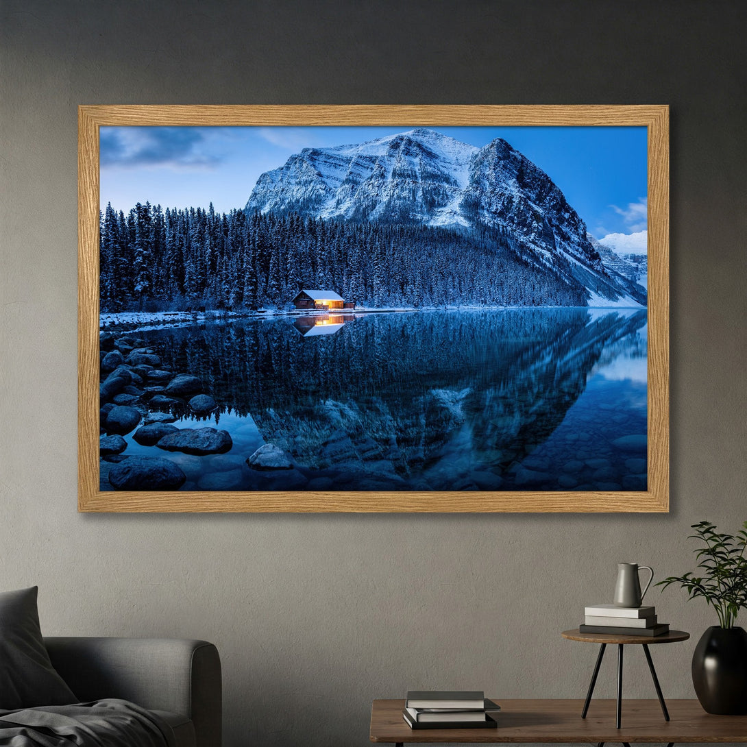 Framed Poster featuring a serene winter mountain lake scene with a blue and white color palette. Perfect wall art for any space.