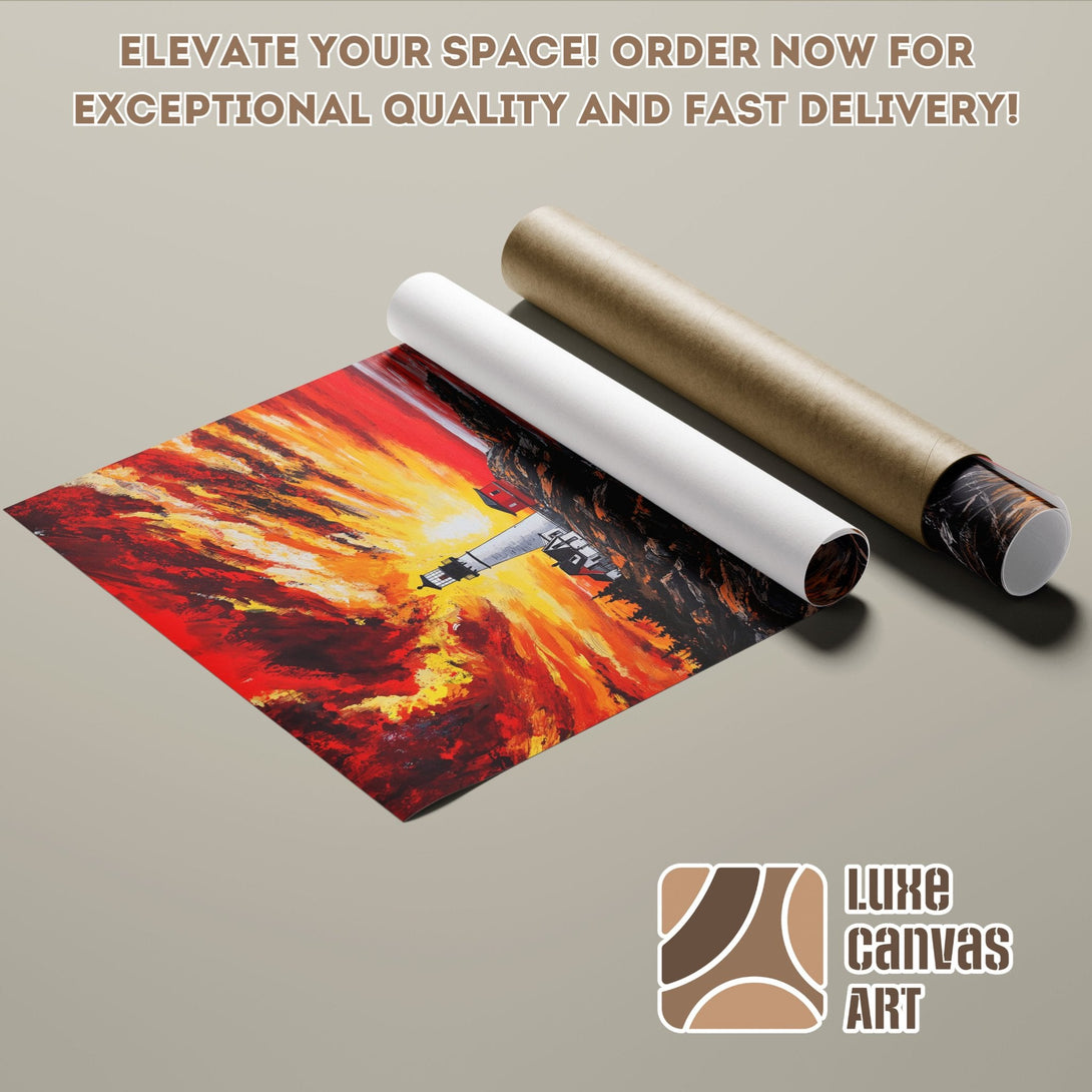 Abstract lighthouse Poster Roll art, vibrant red/orange/yellow color palette. Elevate your space!