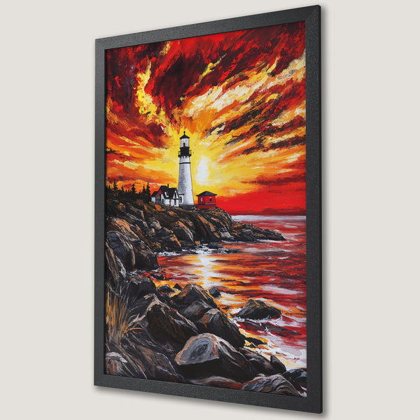 Framed Poster of a lighthouse at sunset. Impressionistic style with vibrant red, orange, and yellow color palette. Coastal wall art.