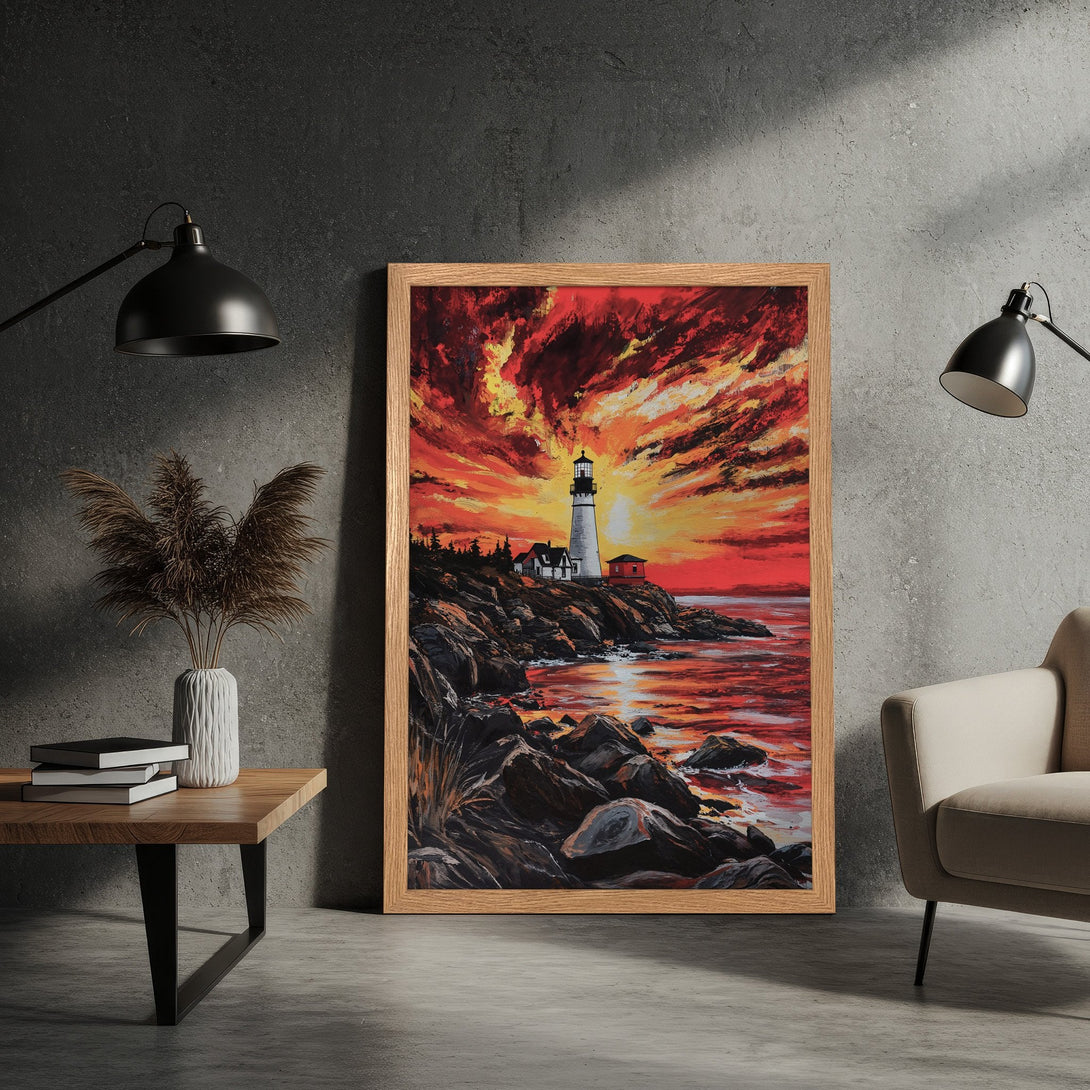 Framed Poster of a lighthouse at sunset, vibrant painting style with red, orange, and yellow color palette. Perfect wall art!