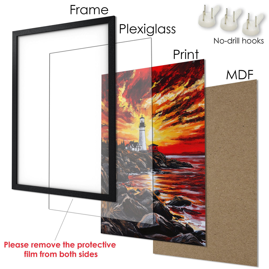 Framed Poster: Lighthouse art print with vibrant sunset colors. Ready to hang wall decor.