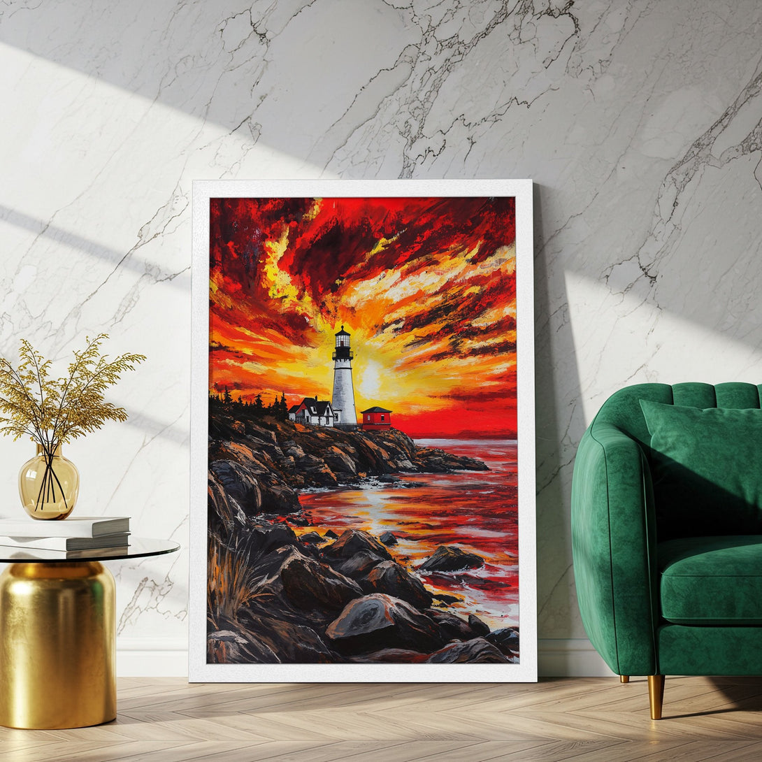 Framed Poster featuring a lighthouse at sunset. Bold, expressive brushstrokes in a warm red and orange palette. Perfect wall art!