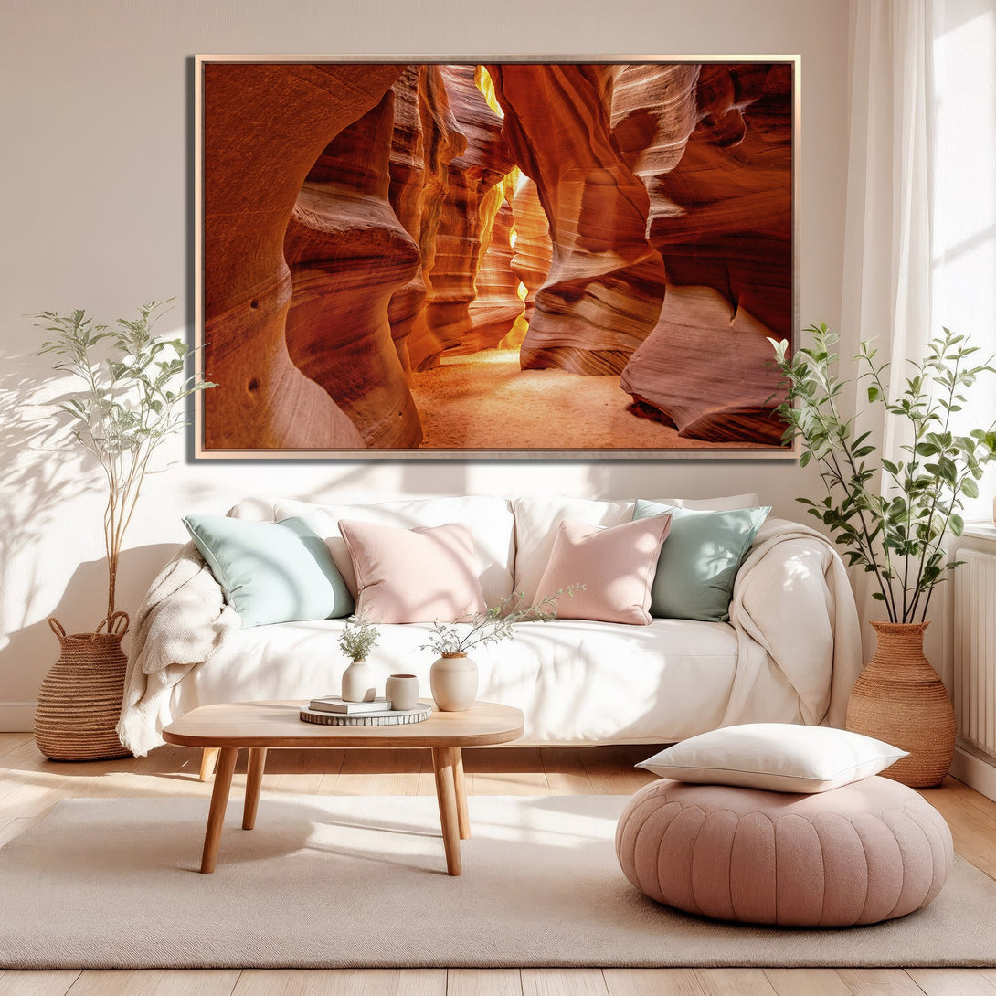 Framed Wall Art: Stunning canyon landscape Canvas Print in warm orange & brown tones, perfect for adding natural beauty to your living room.