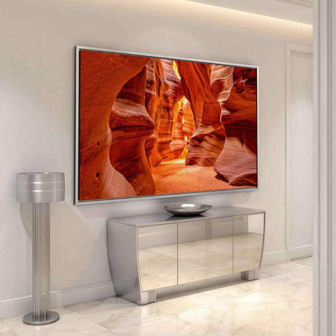 Framed Wall Art: Stunning canyon landscape Canvas Print in warm orange and yellow tones. Elevate your home decor with this vibrant, modern art piece.