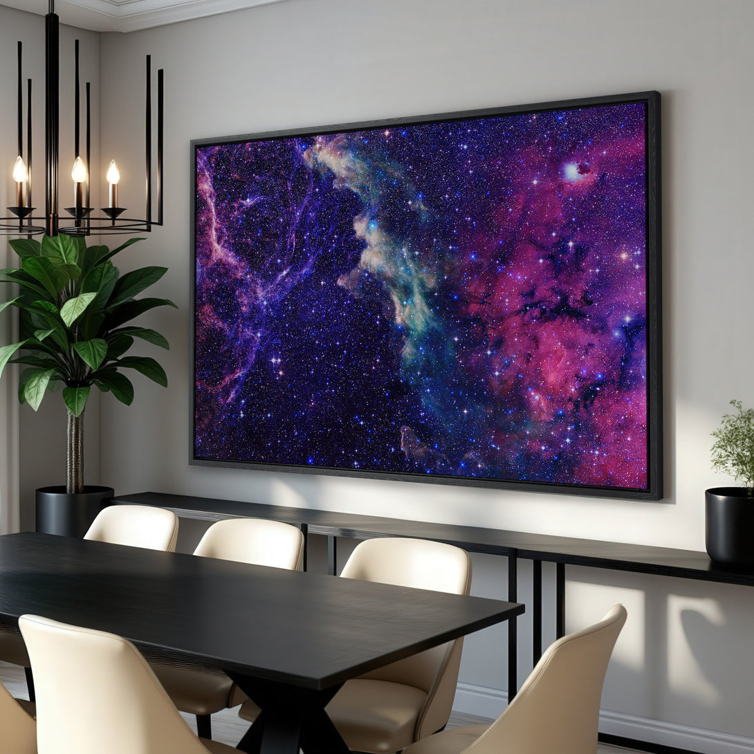 Framed Wall Art: Stunning galaxy Canvas Print in a modern dining room. Featuring a vibrant purple, blue, and pink color palette. Elevate your space with cosmic art!