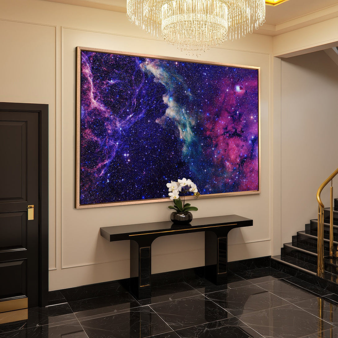 Framed Wall Art: Stunning galaxy Canvas Print with vibrant purple, blue, and pink hues. Perfect for adding a touch of cosmic elegance to any space.