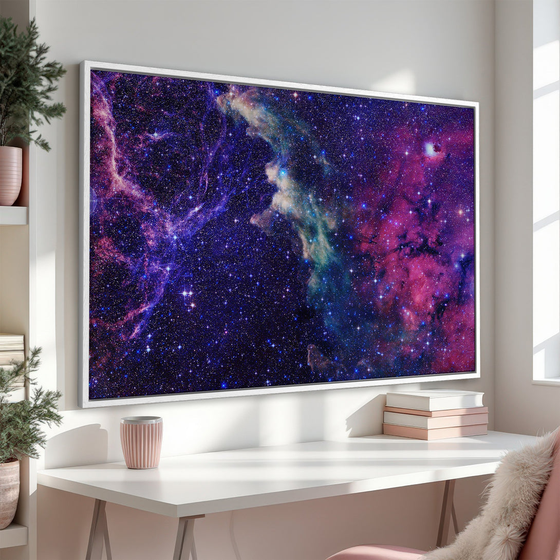 Framed Wall Art: Stunning galaxy print in vibrant purple, blue, and pink hues. Elevate your space with this cosmic canvas print!