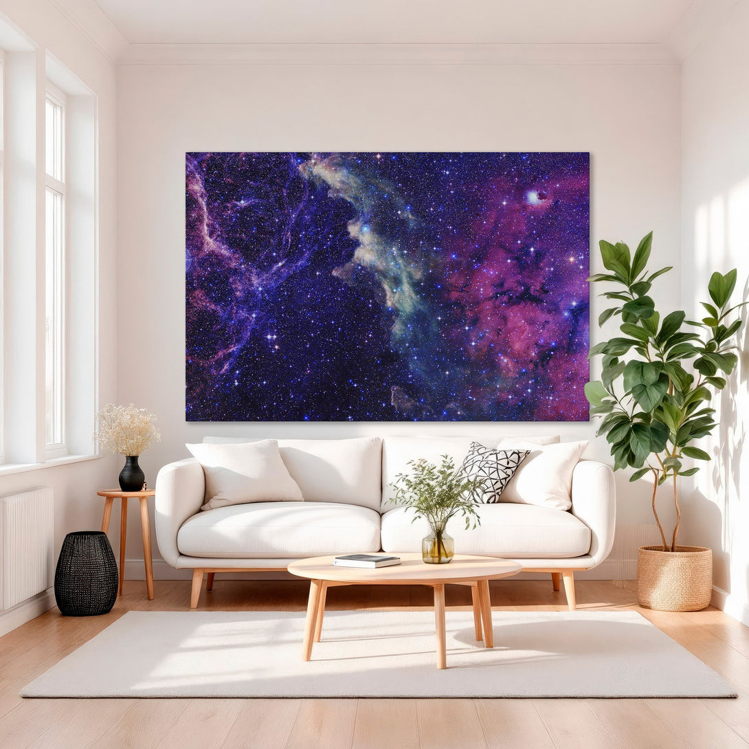 Framed Wall Art Canvas Print of a vibrant galaxy scene in purple and blue hues, displayed in a luxurious interior. Perfect for modern home decor.