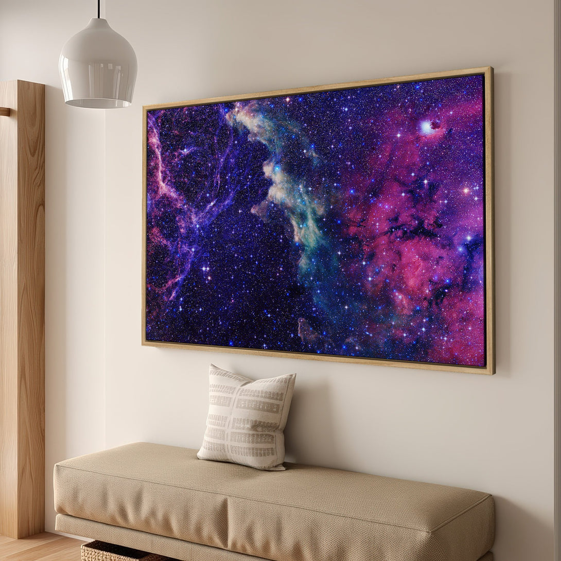 Framed Wall Art: Stunning galaxy Canvas Print in vibrant purple and blue hues. Transform your space with celestial beauty!