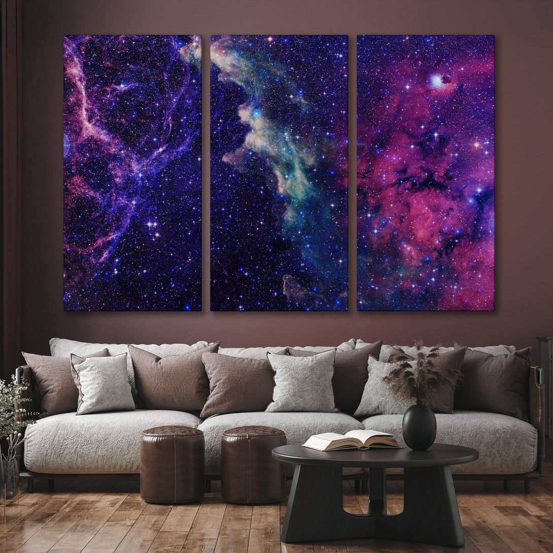 Canvas Print of a vibrant nebula in shades of purple, blue, and pink. Stunning space art for your home decor.