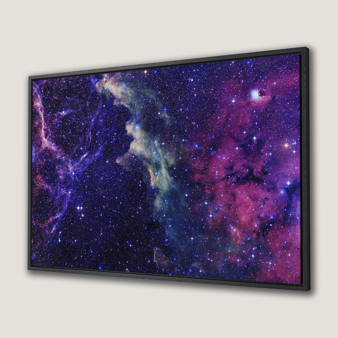 Framed Wall Art featuring a vibrant space nebula in purple and blue hues. Add cosmic wonder to your home with this stunning Canvas Print!