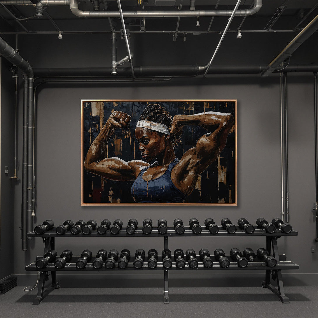 Framed Wall Art: Powerful woman flexing muscles in a gym. Contemporary art style with a dark, earthy color palette. Perfect for home or gym decor.