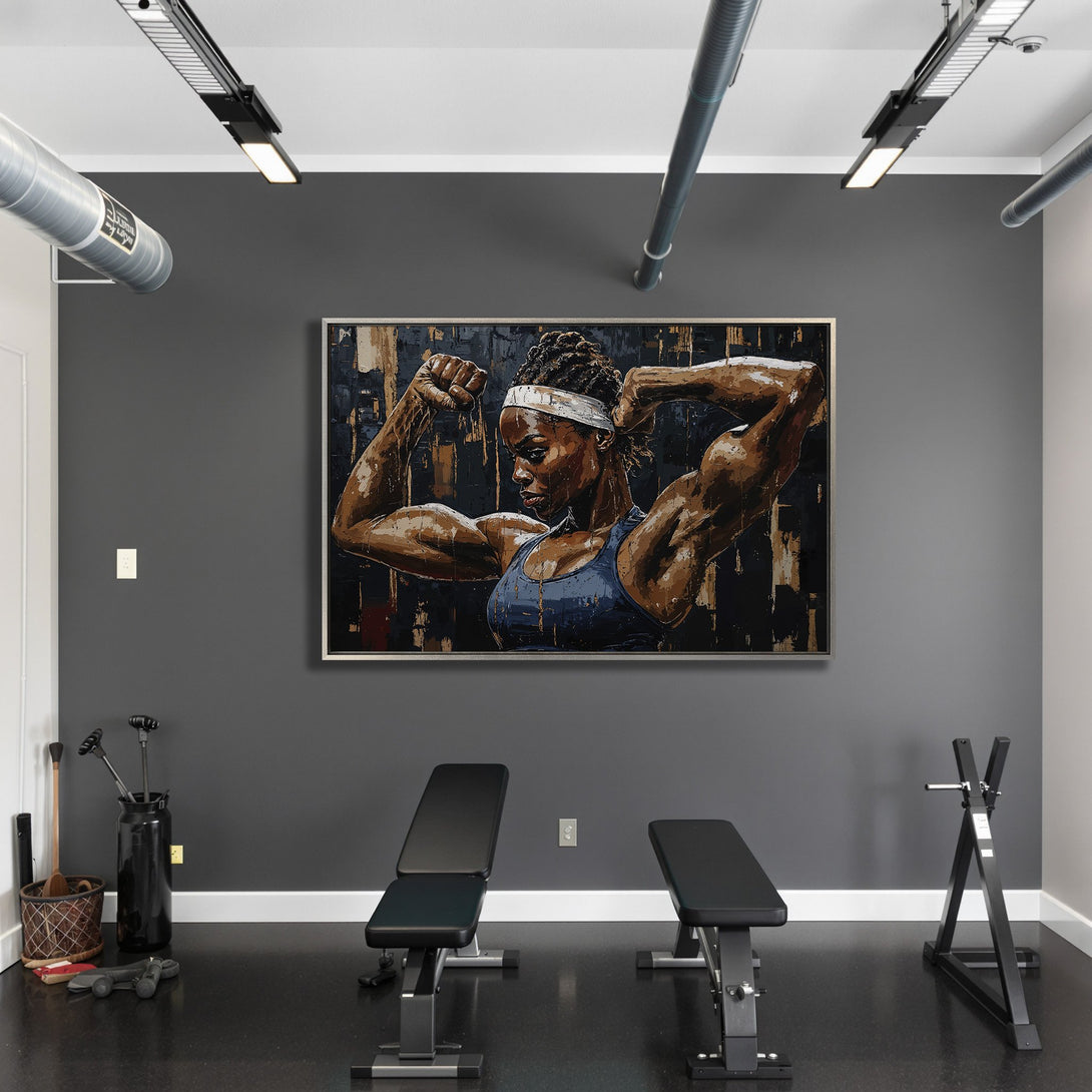 Framed Wall Art: Powerful woman flexing, abstract art style, warm brown and blue tones. Perfect for gym decor or motivation. Shop now!