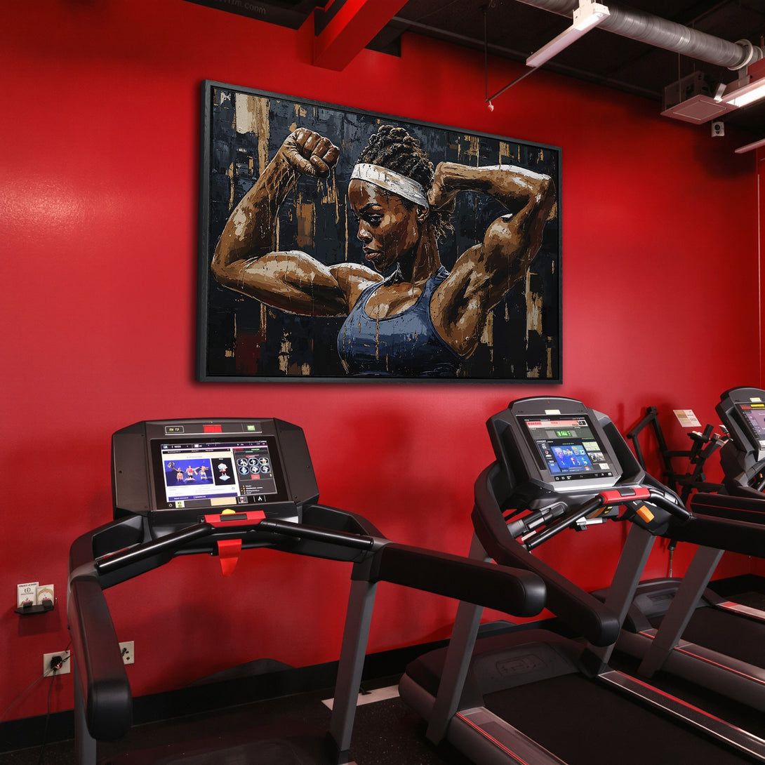 Framed Wall Art: Powerful female athlete Canvas Print in a gym setting. Bold, abstract style with a striking red and black color palette. Elevate your space!