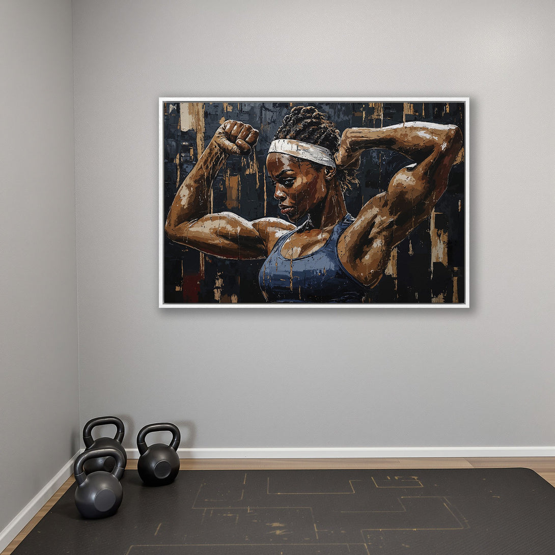 Framed Wall Art featuring a strong woman flexing, in a bold, abstract style with a dark, earthy color palette. Perfect for home gyms!