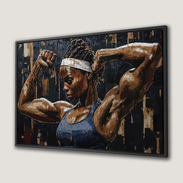 Framed Wall Art: Powerful woman flexing muscles. Abstract art style with brown, black, and blue color palette. Perfect for home gym or motivational decor.