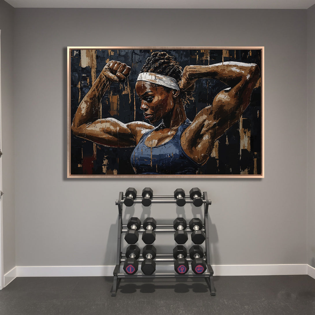 Framed Wall Art of a strong woman flexing, abstract style, dark & warm color palette. Perfect for a home gym or fitness space.