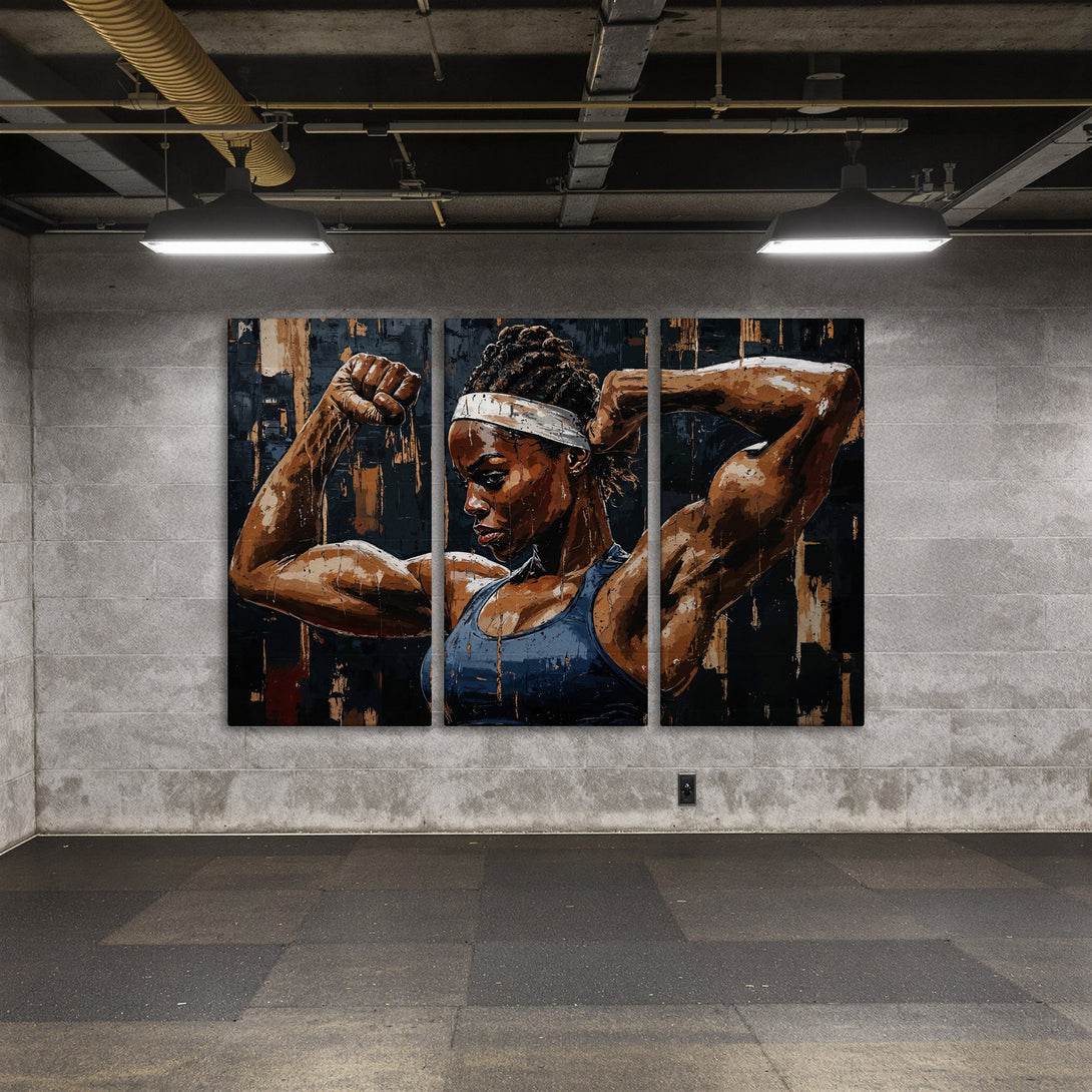 Canvas Print of a strong woman flexing. Abstract art in a dark, earthy palette. Perfect for a gym or home decor.