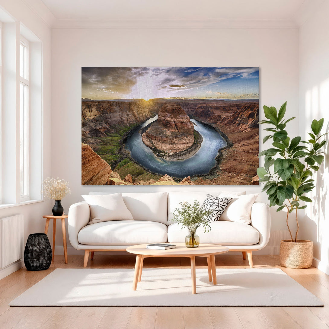 Framed Wall Art: Stunning landscape Canvas Print of Horseshoe Bend, featuring warm earth tones and blue water. Perfect for living room decor!