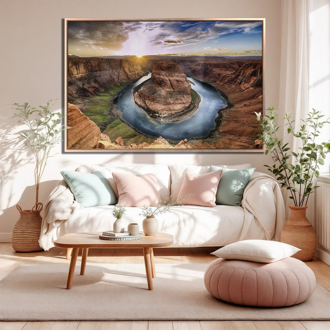 Framed Wall Art of Horseshoe Bend landscape in warm tones. Earthy browns, blues, and greens. Perfect for living room decor.