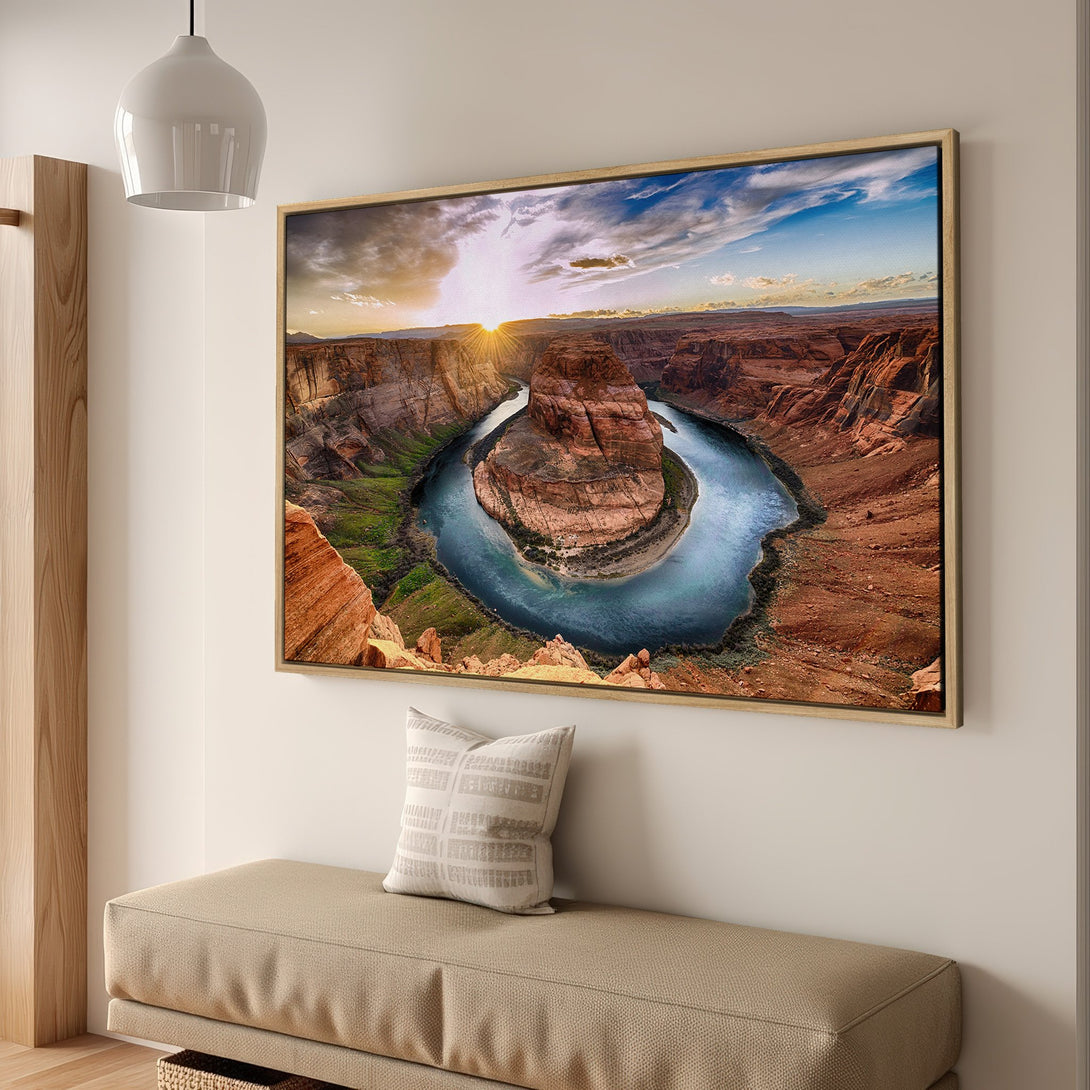 Framed Wall Art: Stunning Horseshoe Bend landscape Canvas Print in warm earth tones. Bring the beauty of nature into your home.