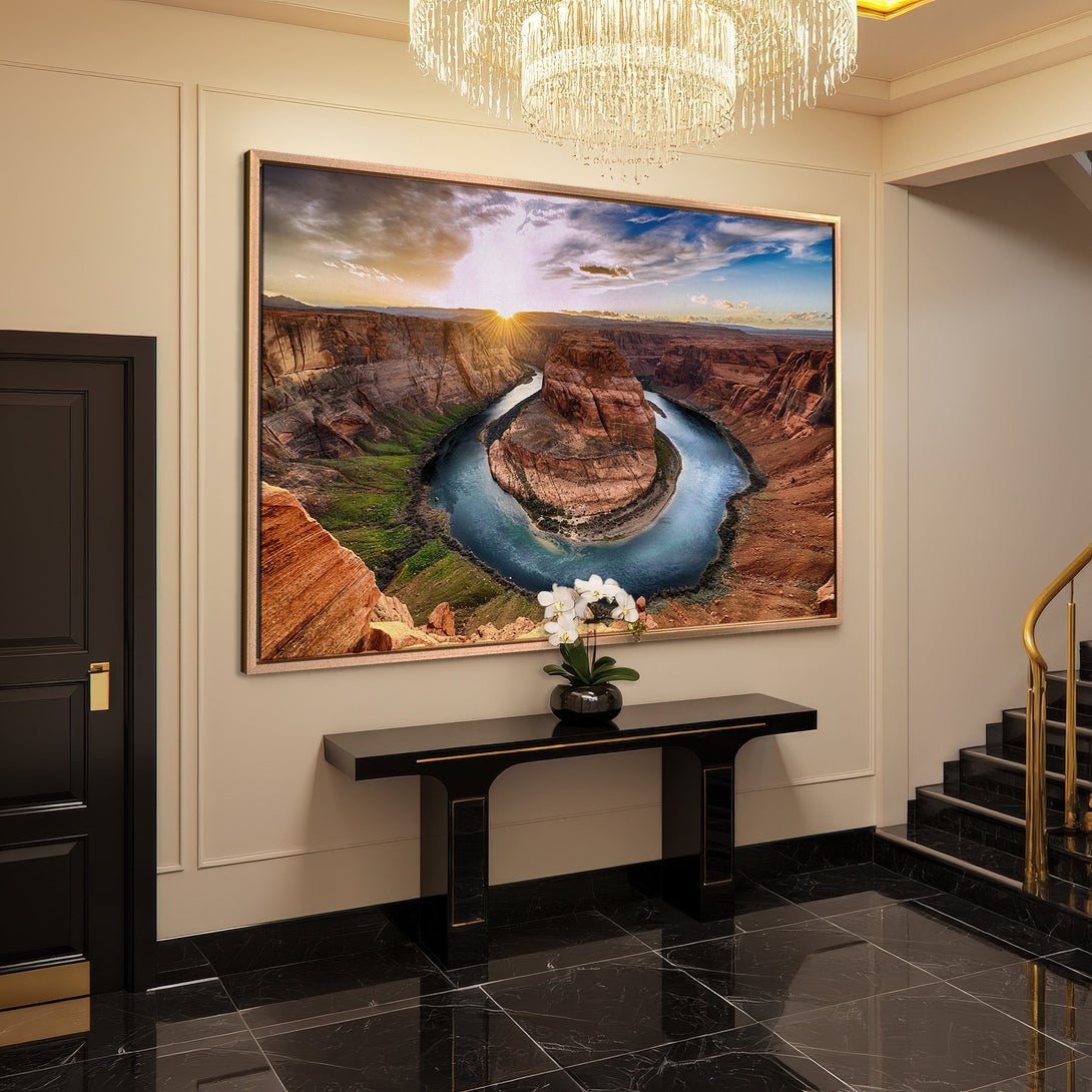 Framed Wall Art of Horseshoe Bend canyon landscape in warm tones. Bring the beauty of nature into your home!