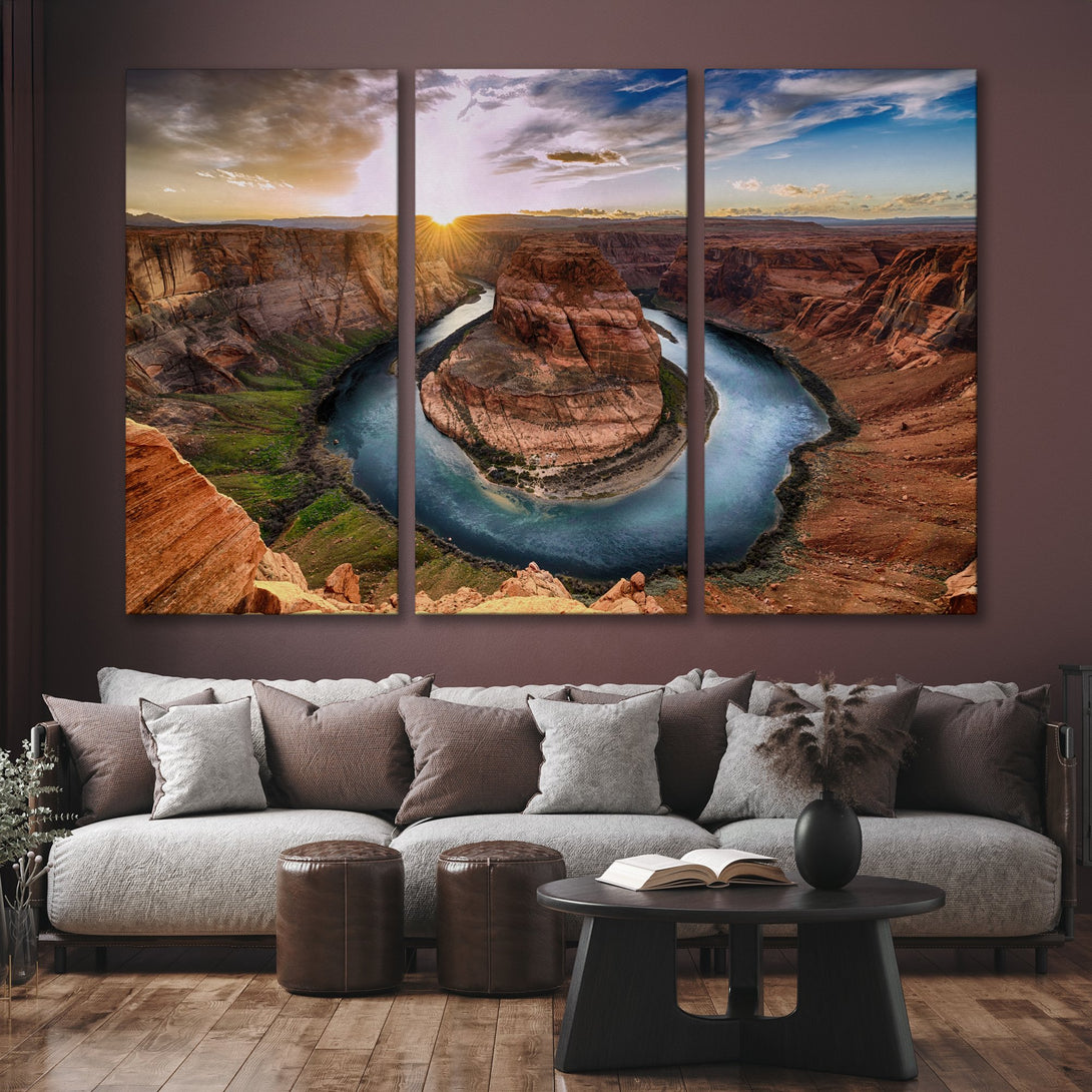 Stunning Canvas Print of Horseshoe Bend at sunset. Earthy tones of red, orange, and blue create a breathtaking landscape. Perfect wall art for your home!