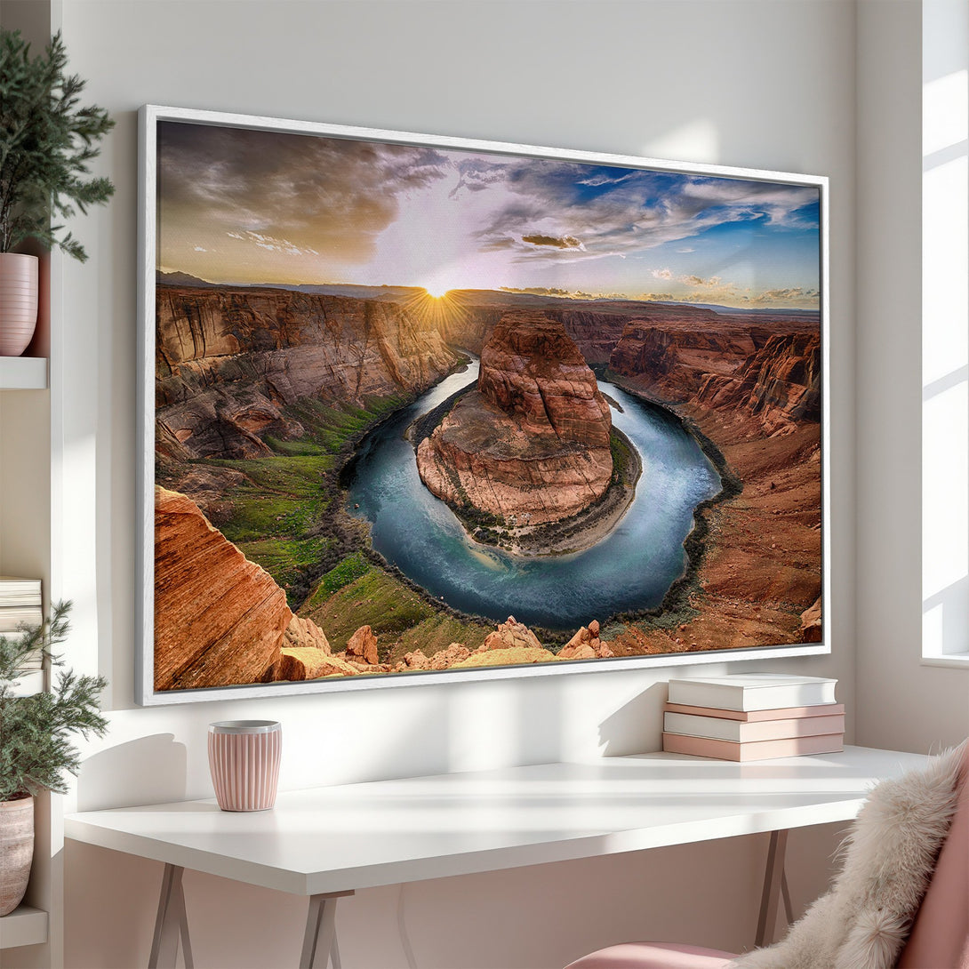 Framed Wall Art: Stunning Horseshoe Bend landscape in warm earth tones. Bring the beauty of nature into your home with this vibrant canvas print!