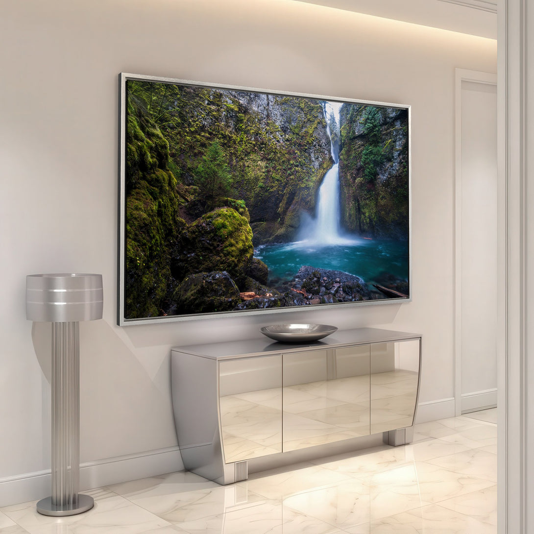 Framed Wall Art featuring a stunning waterfall scene with vibrant greens and blues. Bring nature's beauty into your home with this captivating Canvas Print.