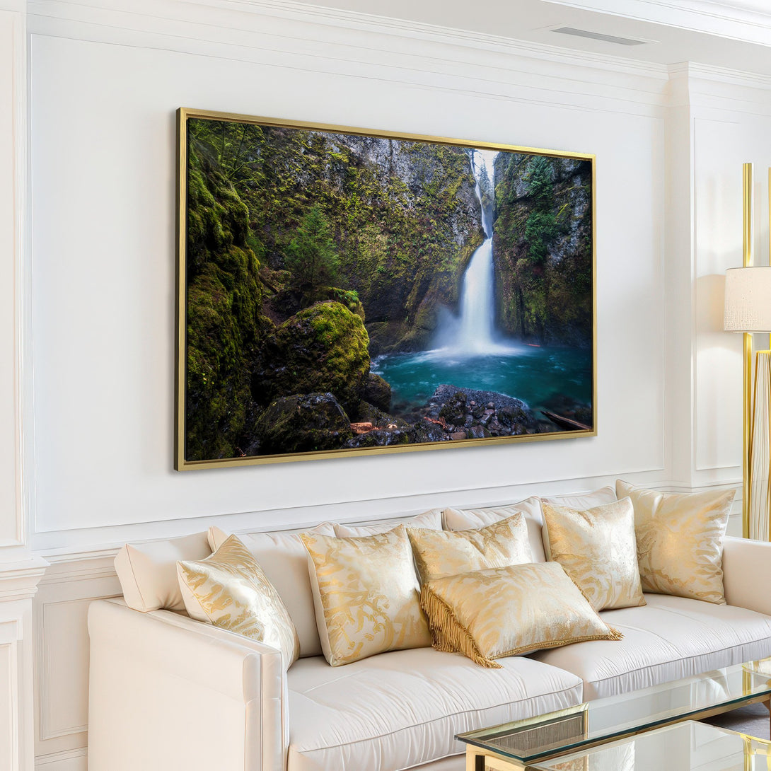 Canvas Print of a stunning waterfall scene. Nature-inspired wall art with green, blue, and neutral tones. Perfect for adding tranquility to your space.