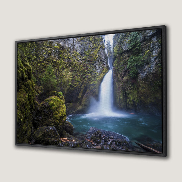 Framed Wall Art: Stunning waterfall canvas print. Nature scene with lush green moss & vibrant turquoise water. Bring the outdoors in with this beautiful art piece!