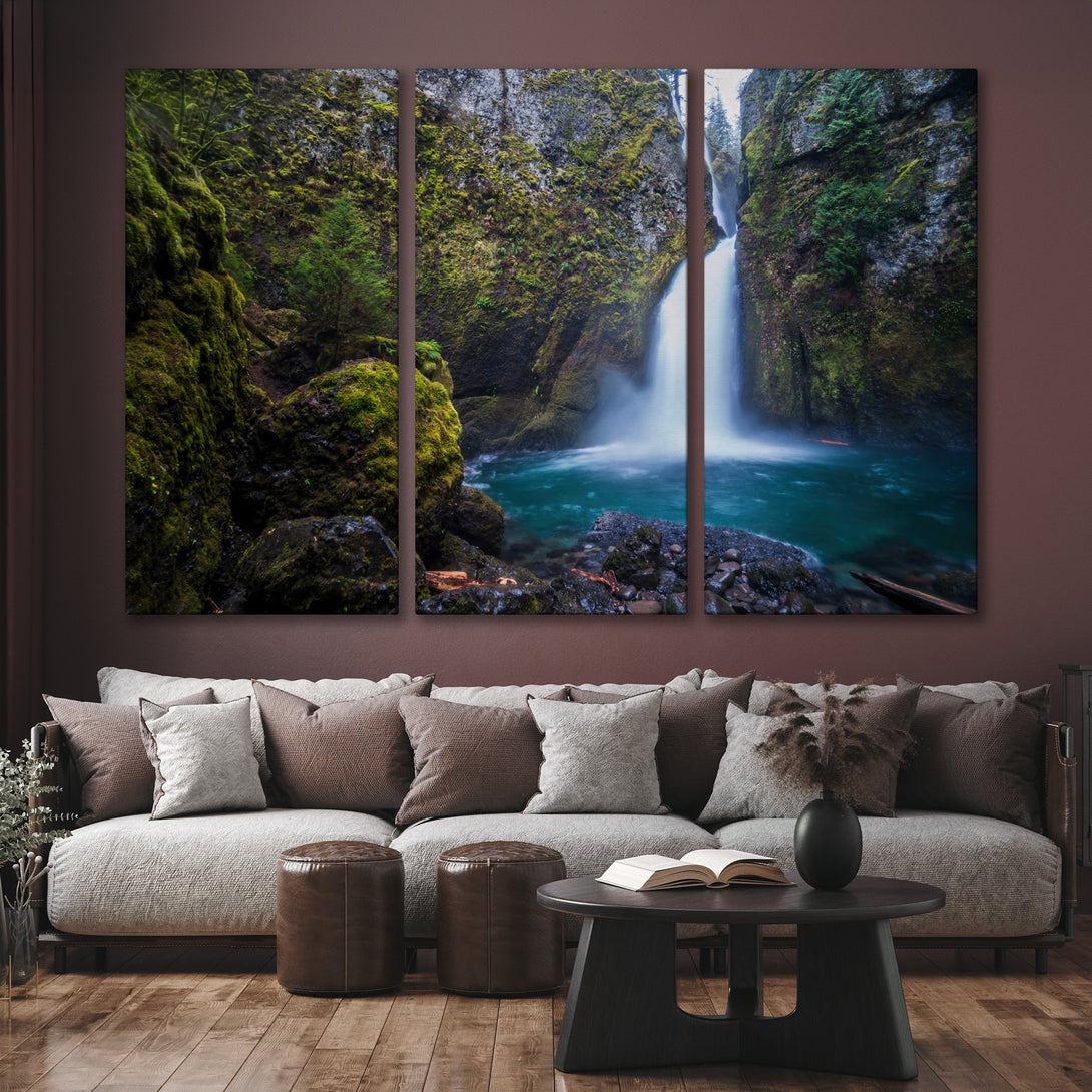 Canvas Print of a stunning waterfall scene. Lush green moss & vibrant turquoise water. Bring nature's beauty indoors with this captivating wall art.