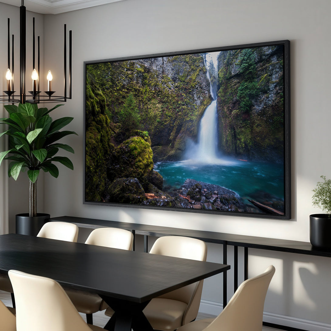 Framed Wall Art of a vibrant waterfall scene. Lush green moss and turquoise water create a stunning nature-inspired canvas print for your home.