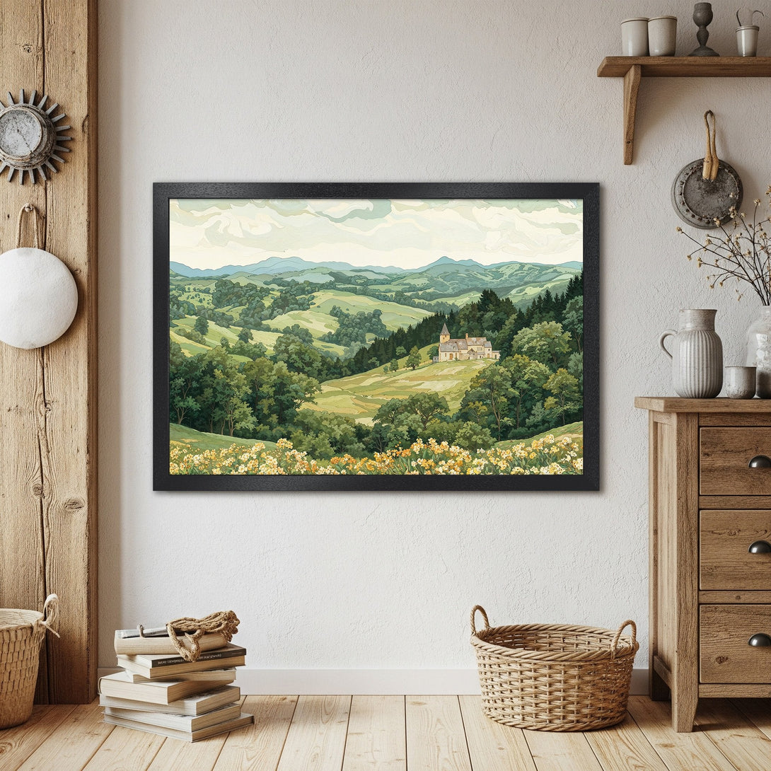 Framed Poster of a serene landscape in a vintage style with green and yellow hues, perfect for home decor.