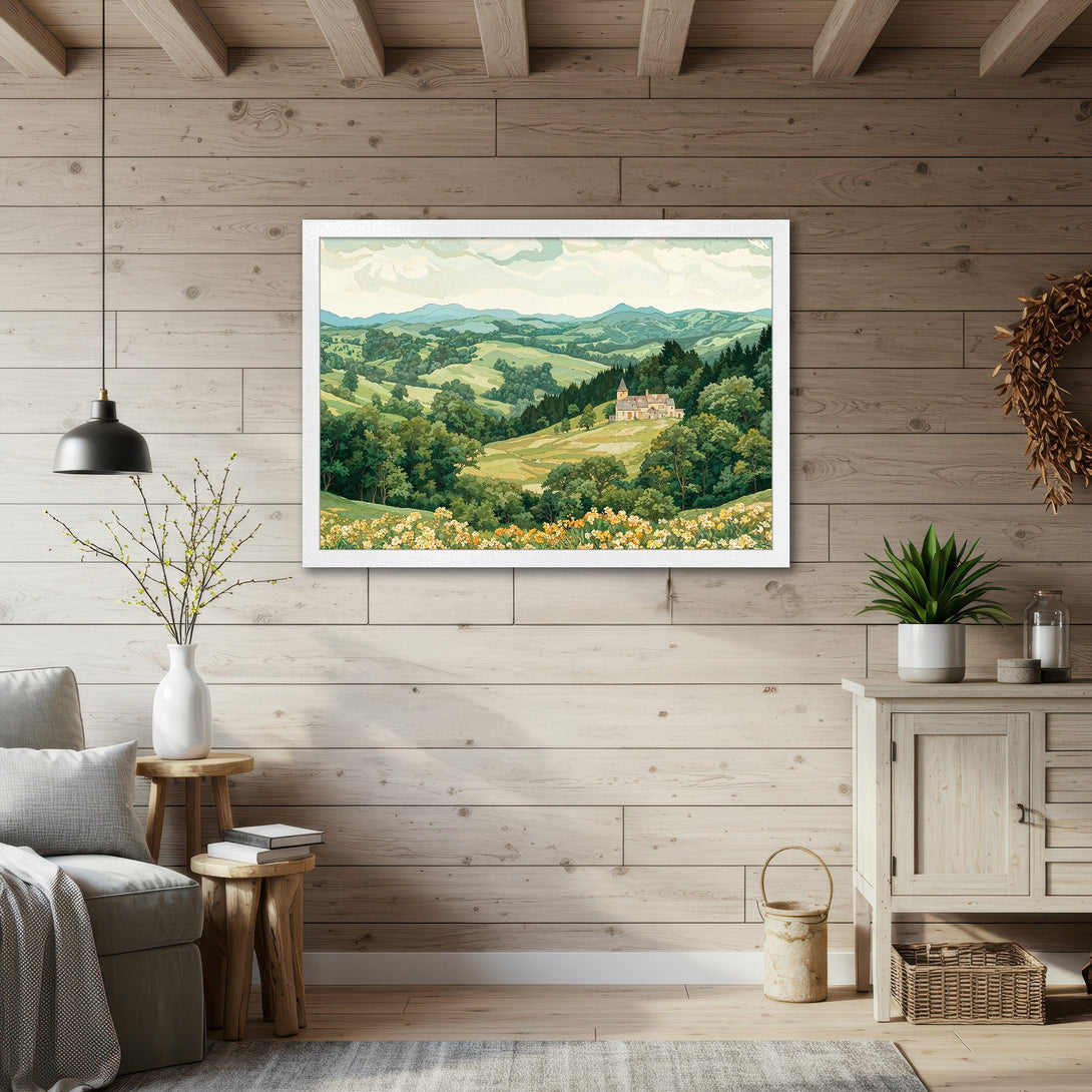 Framed Poster of a serene landscape painting in watercolor style, featuring green hills & a soft, pastel color palette. Perfect wall art!