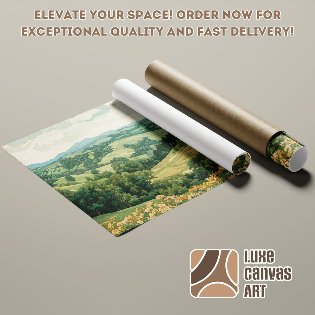 Landscape Poster Roll, vintage style art print with green and yellow color palette. Elevate your space!