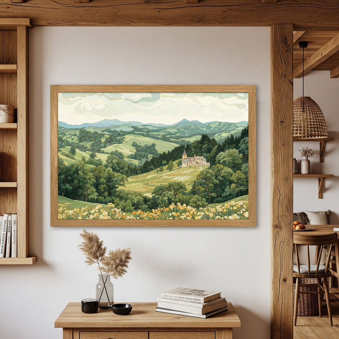 Framed Poster of a serene landscape in watercolor style with a soft green and yellow color palette, perfect wall art.