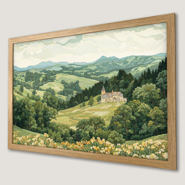Framed Poster of a serene landscape in a vintage style, featuring rolling hills and a soft green and yellow color palette. Perfect wall art!