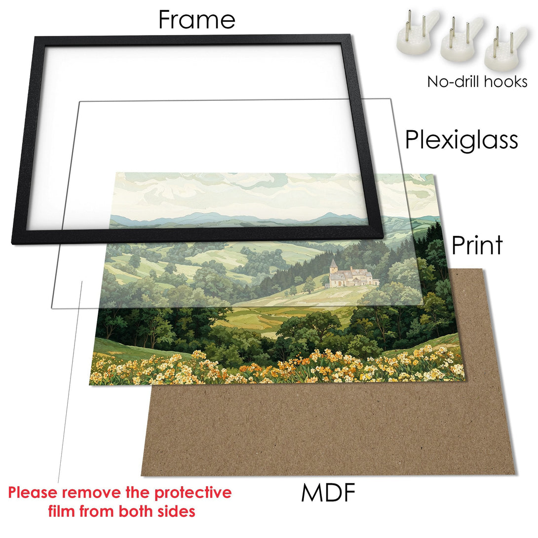 Framed Poster of a serene landscape in soft greens & yellows. Add a touch of nature to your space with this beautiful art print!