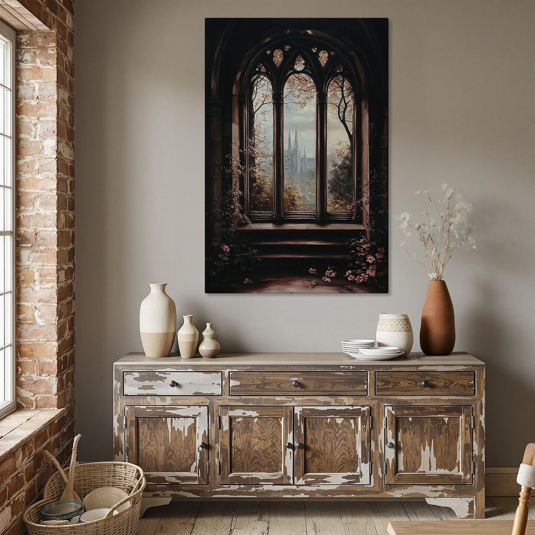 Framed Wall Art Canvas Print of a gothic window scene in warm, earthy tones. Perfect for adding a touch of elegance to your dining room decor.