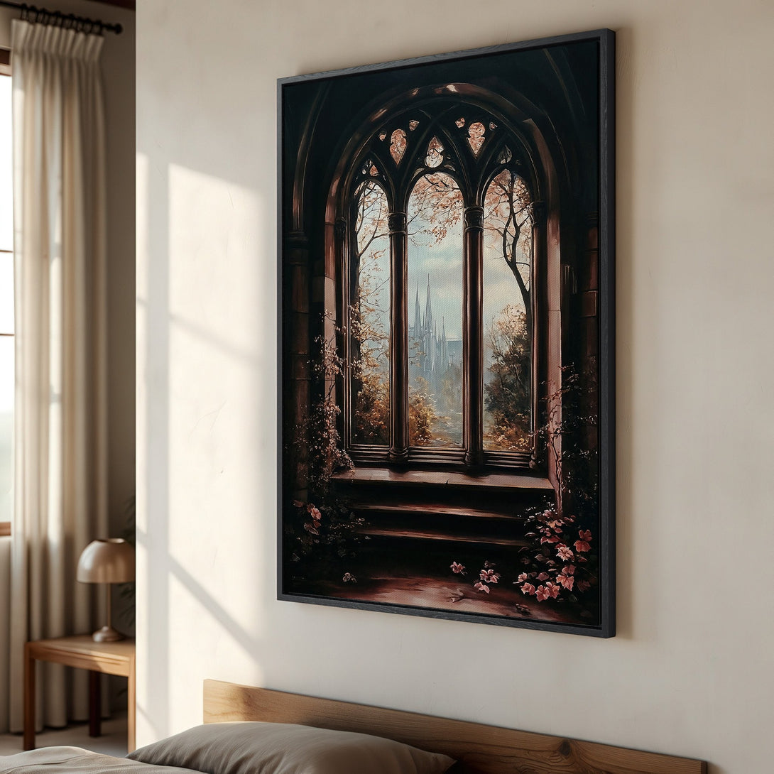 Framed Wall Art: Gothic window scene Canvas Print in warm earth tones. Enhance your space with this elegant, vintage-inspired artwork.