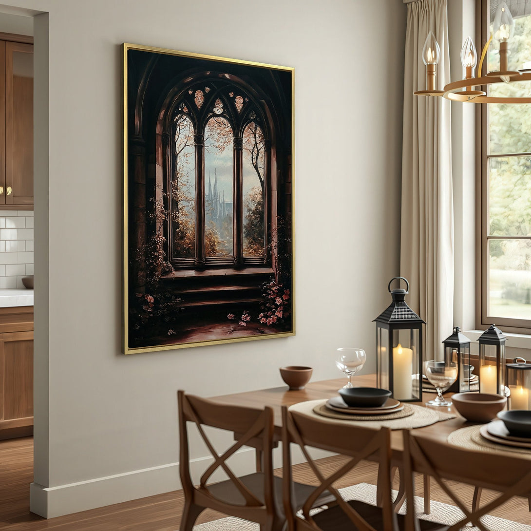 Canvas Print of a gothic window overlooking a cathedral, warm tones, displayed in a cozy interior.