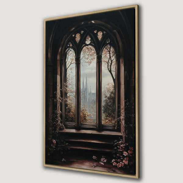 Framed Wall Art: Gothic window view Canvas Print. Romantic painting with a cathedral in the distance, warm brown and muted blue color palette. Add elegance to your space!