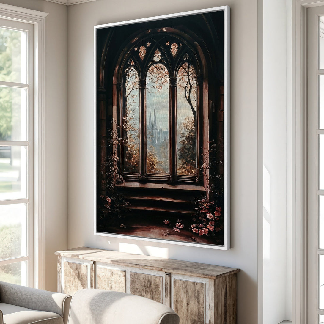 Framed Wall Art featuring a gothic window scene in warm, earthy tones. Adds a touch of elegance and history to any interior.