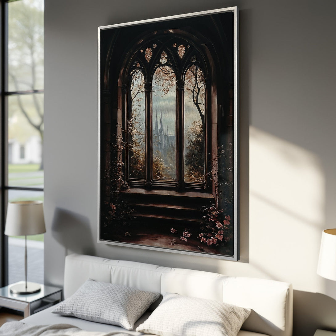 Framed Wall Art: Gothic window scene Canvas Print with a muted, warm color palette. Perfect for adding a touch of elegance to your bedroom decor.