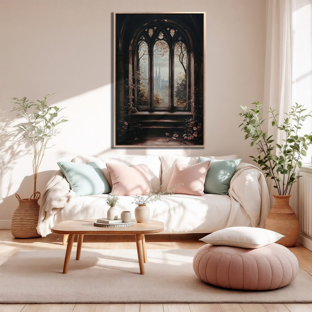 Framed Wall Art featuring a gothic window scene in a warm, neutral interior. Earthy tones and soft pastels create a cozy, inviting aesthetic.