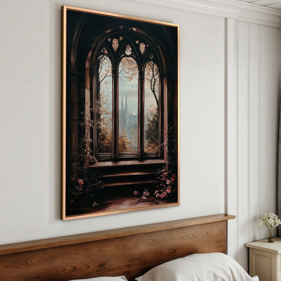 Framed Wall Art: Gothic window view Canvas Print with a dark, moody palette. Adds a touch of elegance to any space.