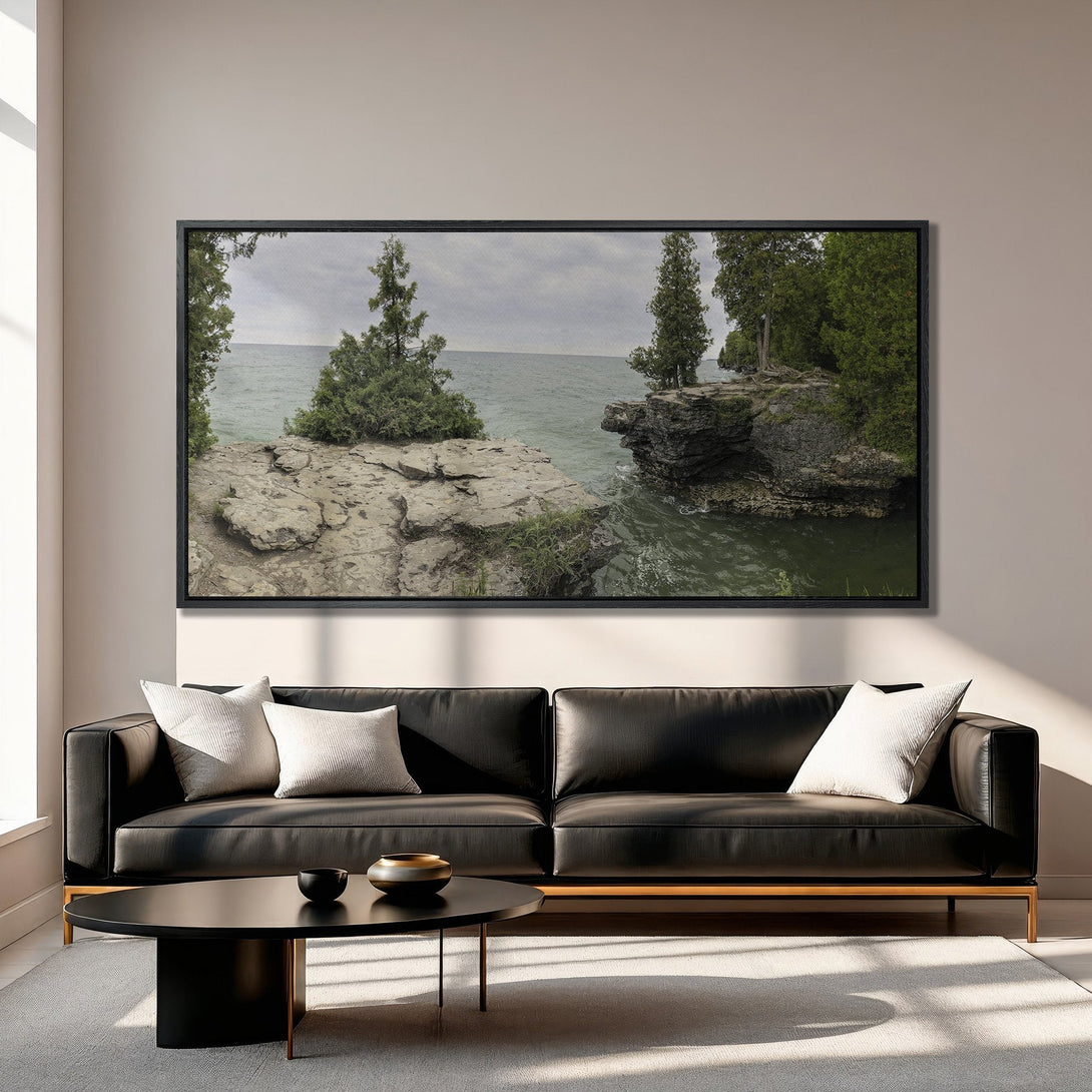 Framed Wall Art: Coastal landscape Canvas Print in a modern living room. Featuring a serene scene with green, gray, and neutral tones. Perfect for home decor.